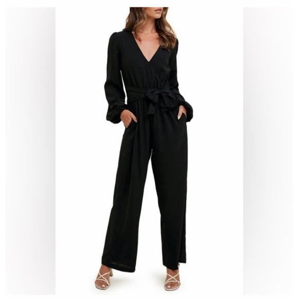 Wishlist Apparel V-Neck Jumpsuit Romper Black Small Long Sleeve Wide Leg Dressy - Picture 1 of 10